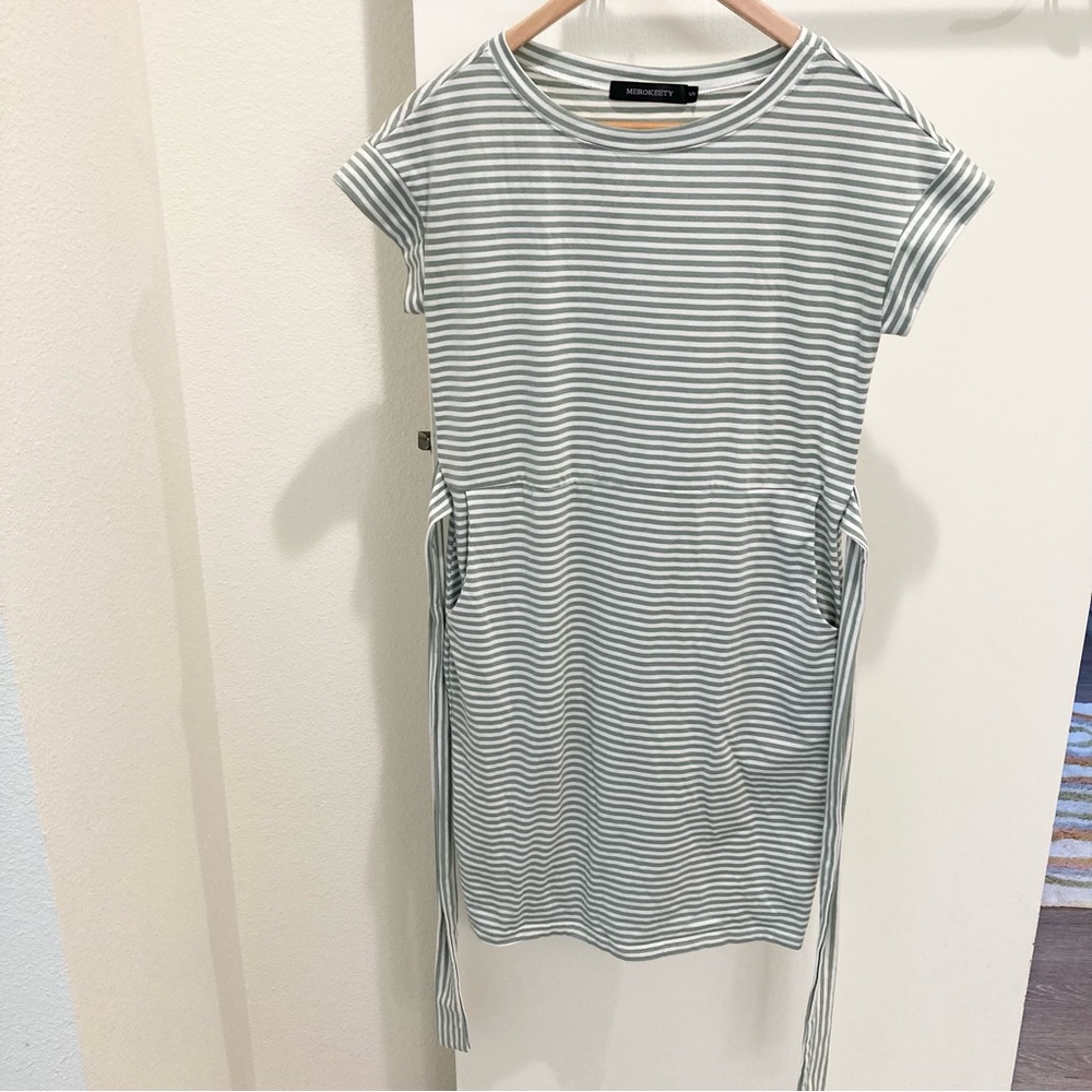 Striped T-shirt dress green and white with pockets Merokeety summer casual - Picture 3 of 14
